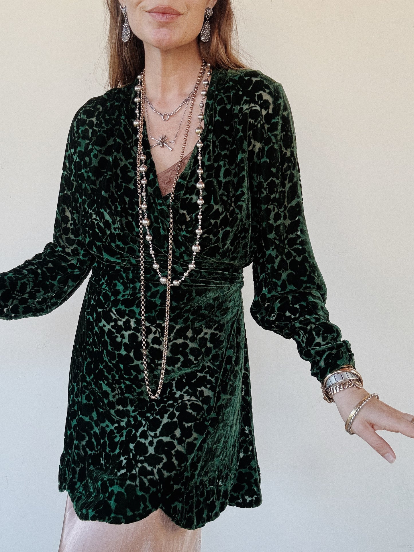 1920s/30s Emerald Devoré Silk Velvet Wrap Top Mini Dress- S/M-M