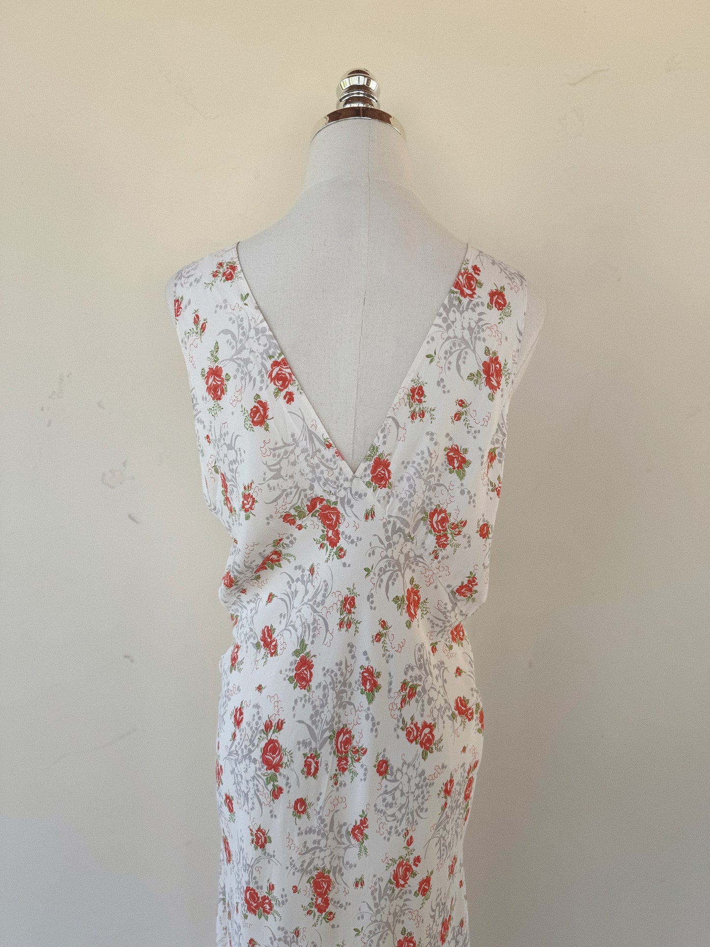 1940s Rose + Lily of the Valley Ruffle Cold Rayon Slip Dress w/ Blue Bows- M-M/L