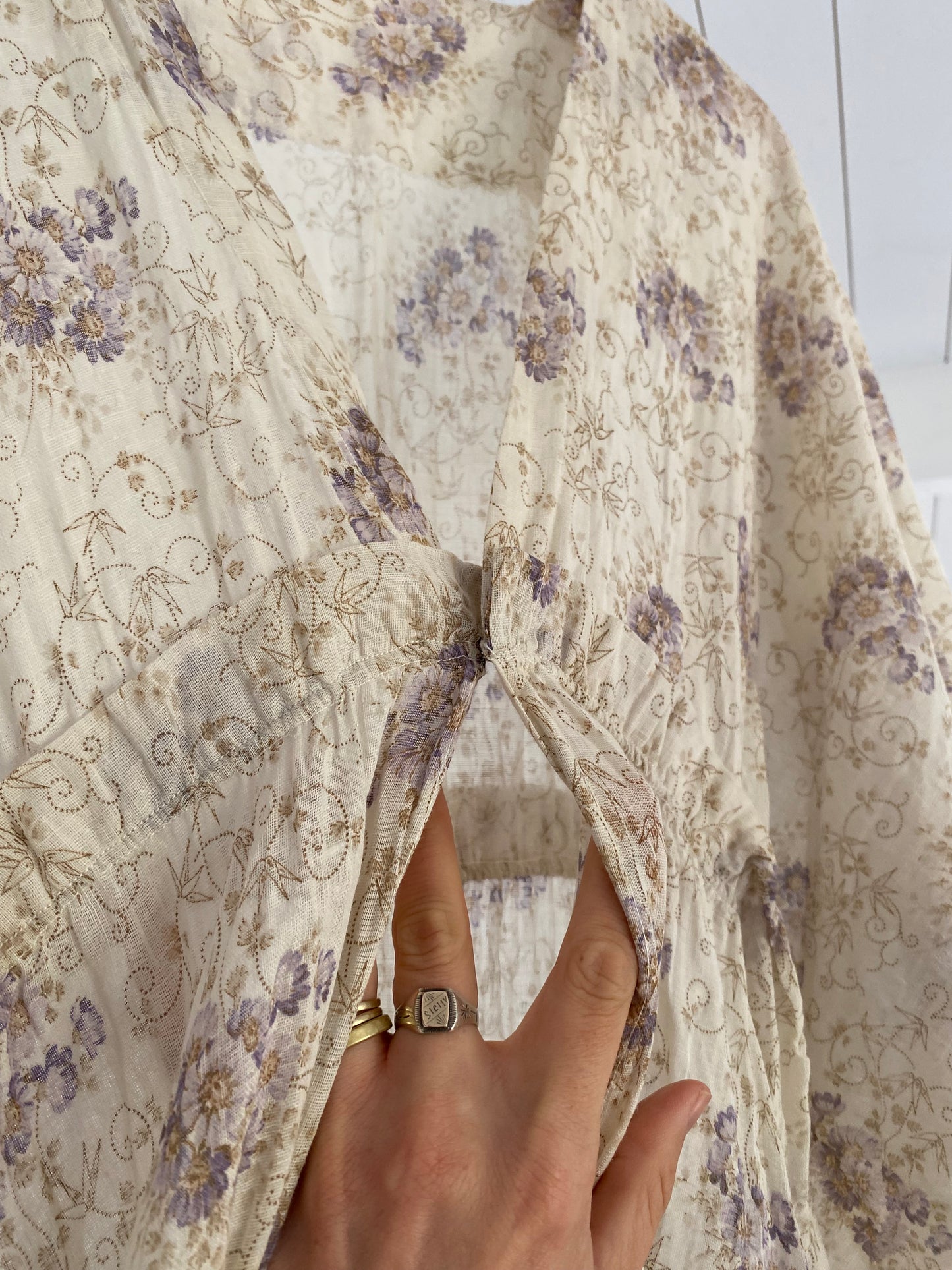 Edwardian White Cotton + Purple Floral Dressing Gown Duster- L-XL