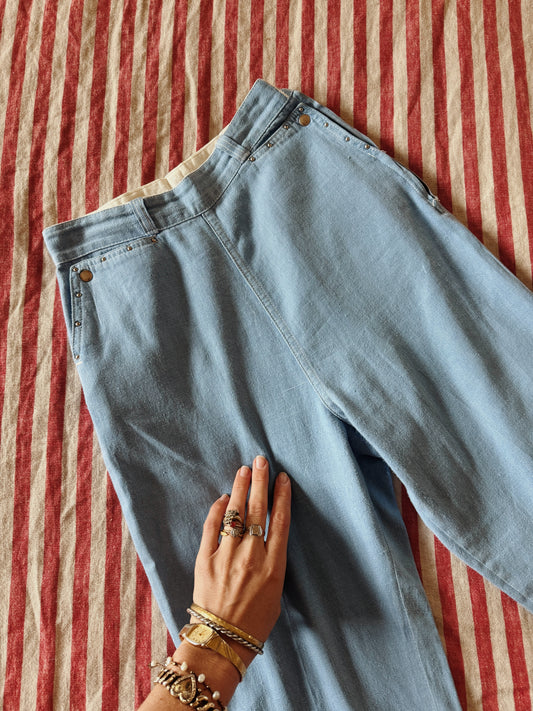 1950s Light Denim Studded Western Side Zips- 25”