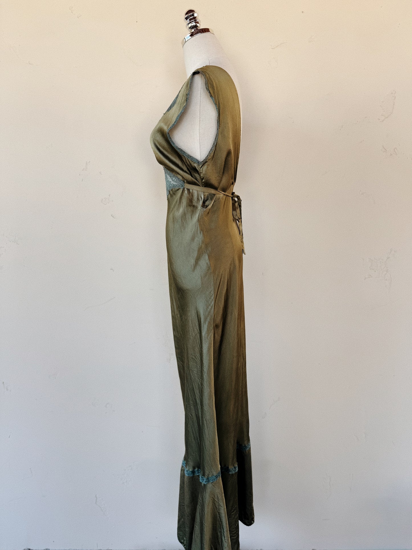 1930s Moss Green Silk Satin Slip Dress w/ Fishtail Hem- S/M-M