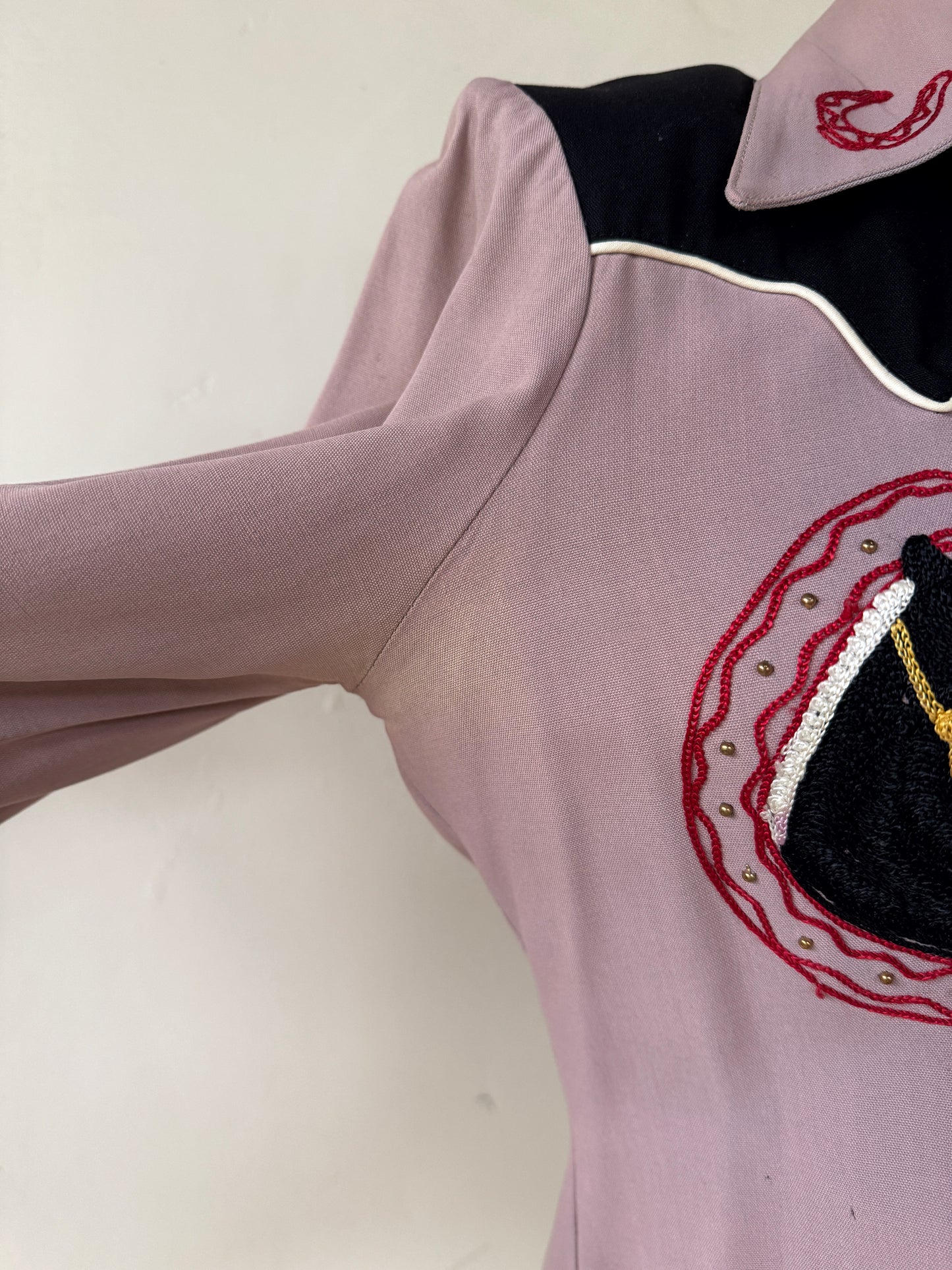 1940s Mauve + Black Horse Chain Stitched + Studded Top- S/M