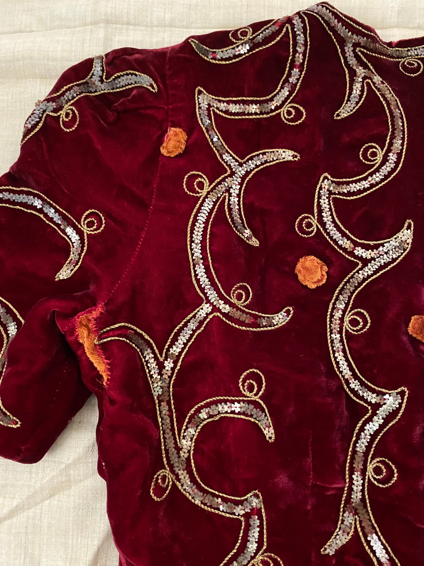 1930s Blood Red Silk Velvet Sequin Cropped Top w/ Bell Zip- S
