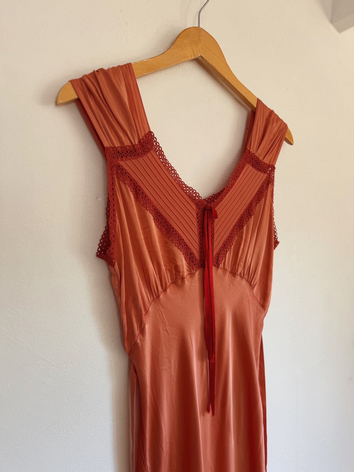 1940s Rusty Coral Rayon Slip Dress w/ Circular Lace- S-S/M