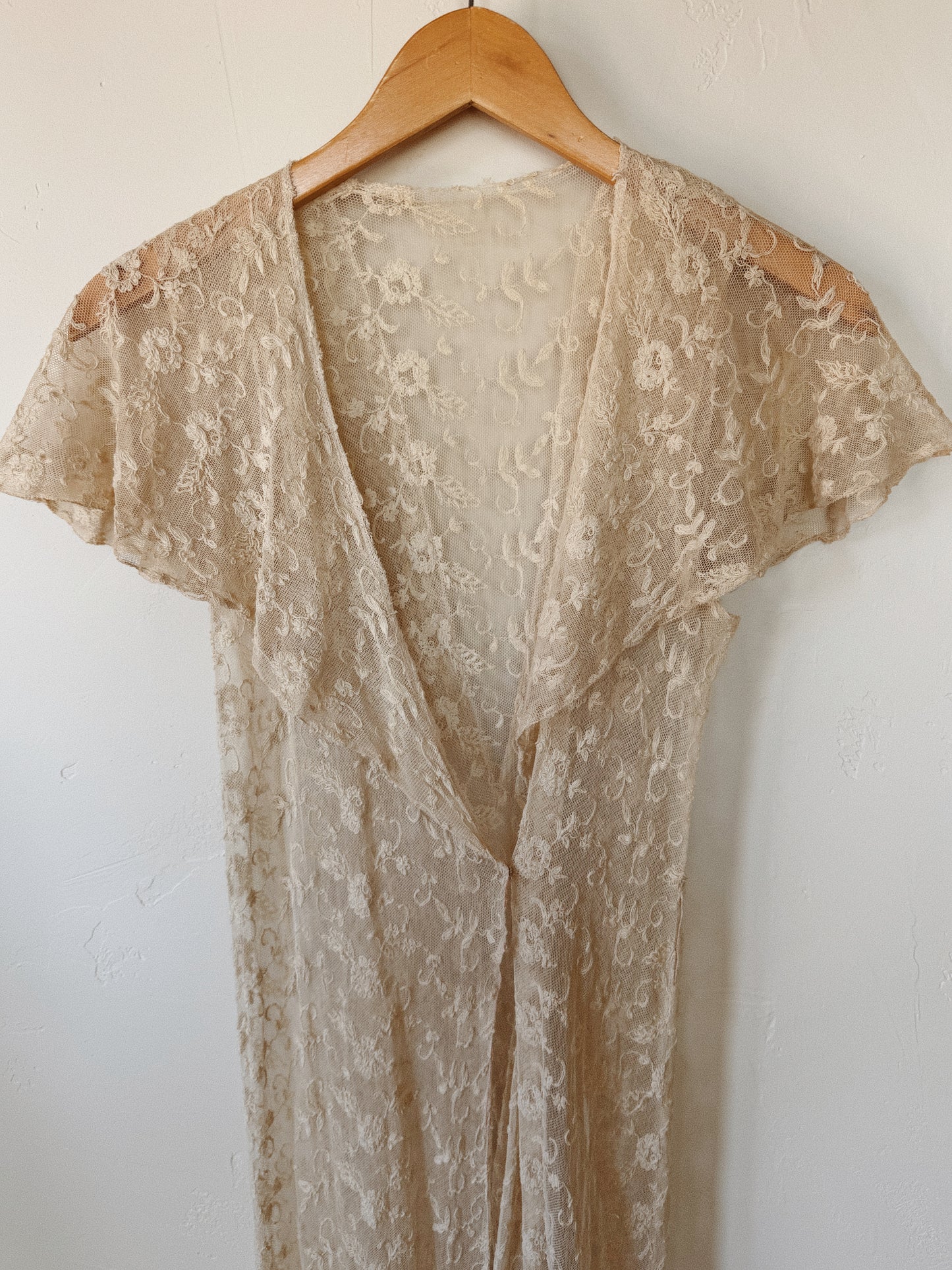 1930s French Lace Caplet Boudoir Duster Dress w/ Fishtail Hem- XS-S/M