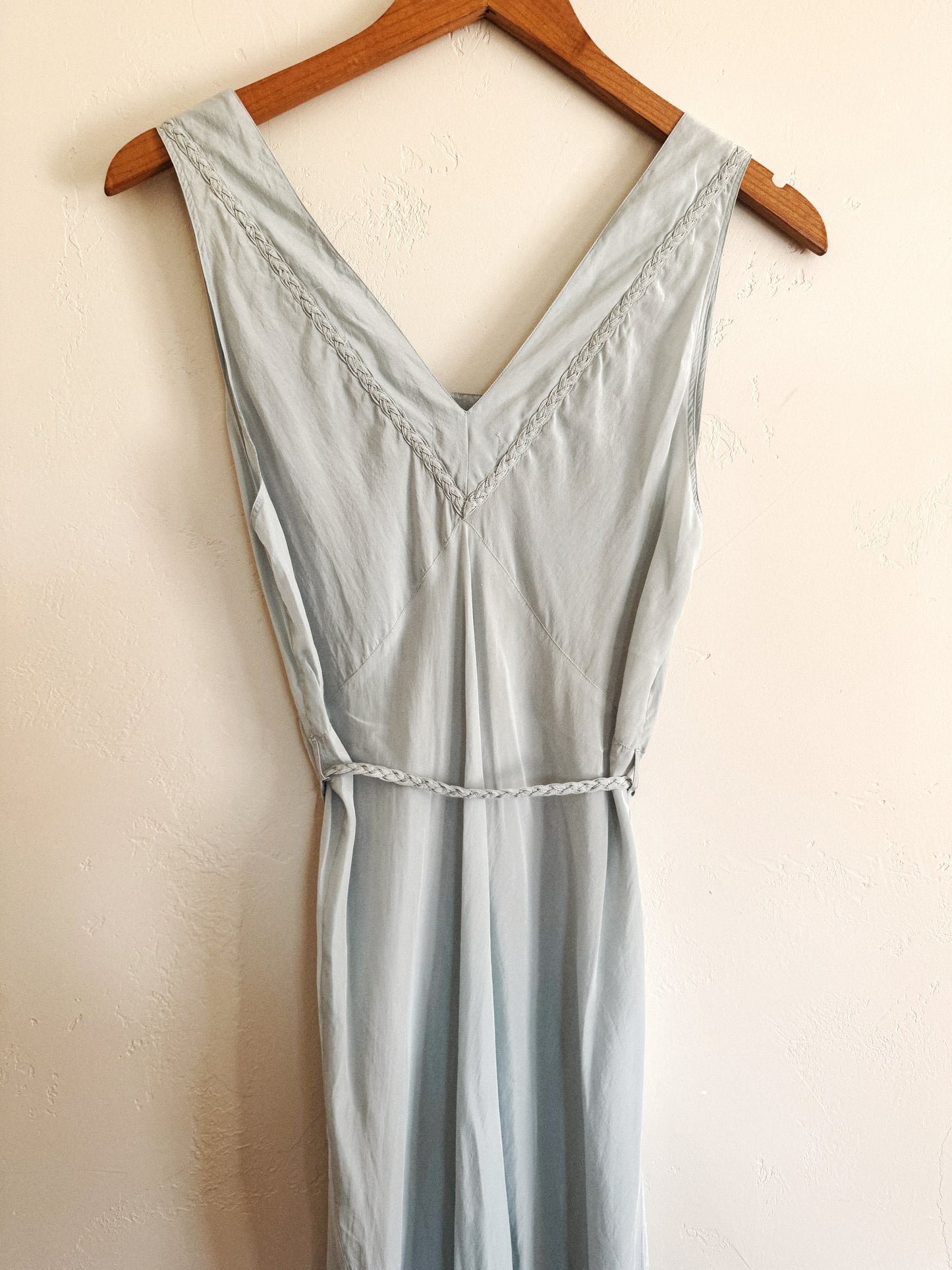 1940s Icy Blue Silk Crepe Slip w/ Braided Trim + Sash- S/M-M