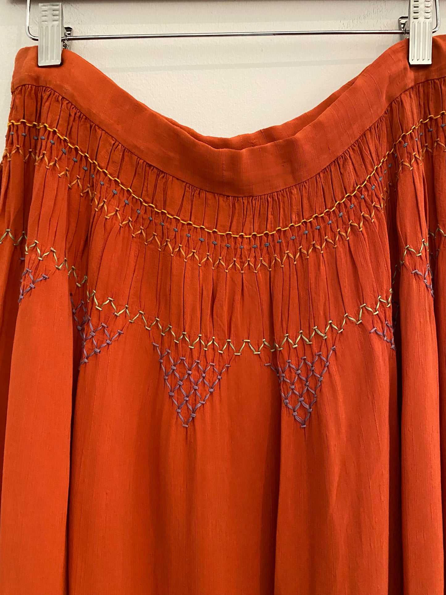 1940s Linen Smocked Orange Folk Skirt- 34” Waist