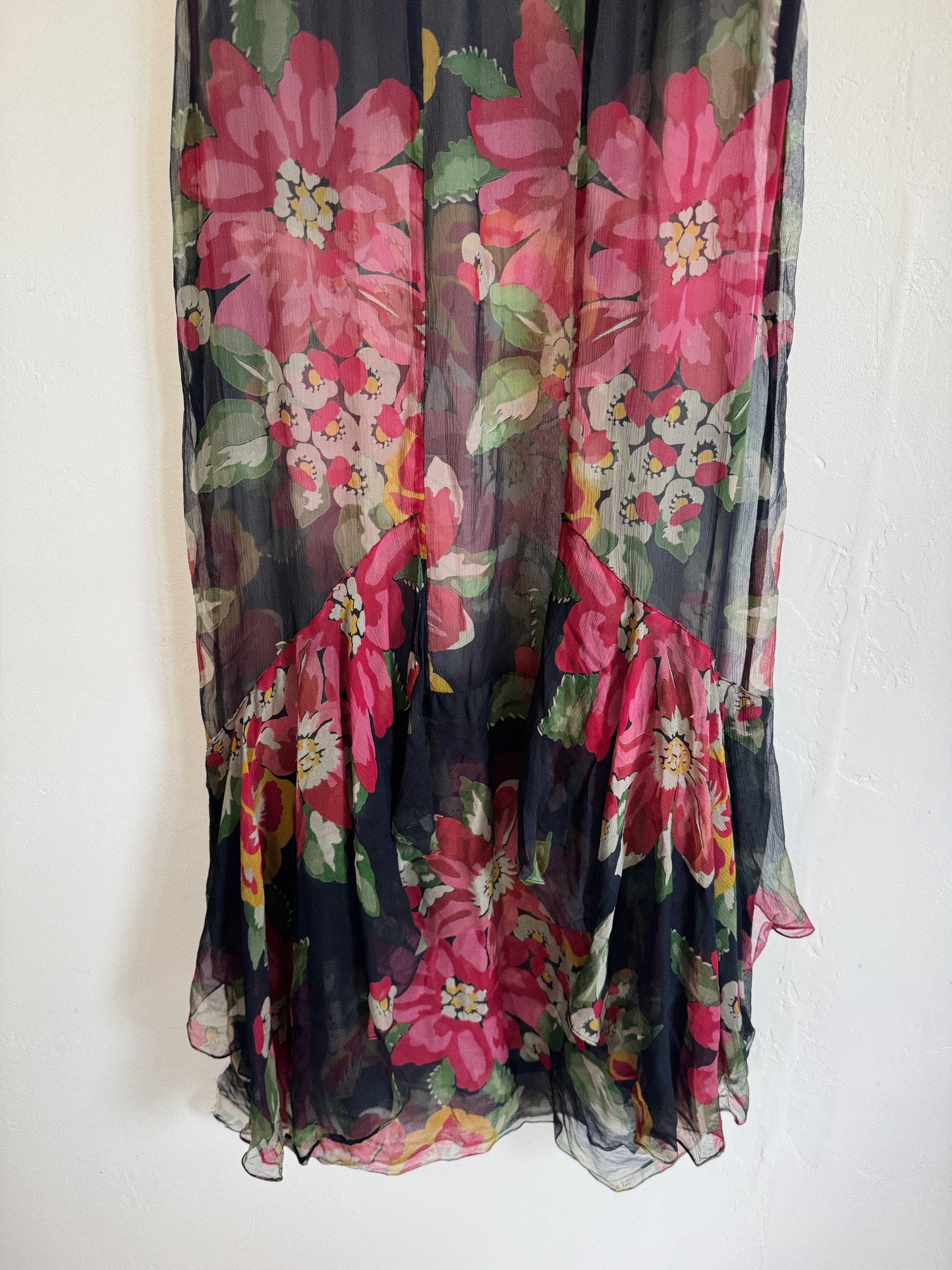 1930s Black Floral Chiffon Full Length Gown- S/M