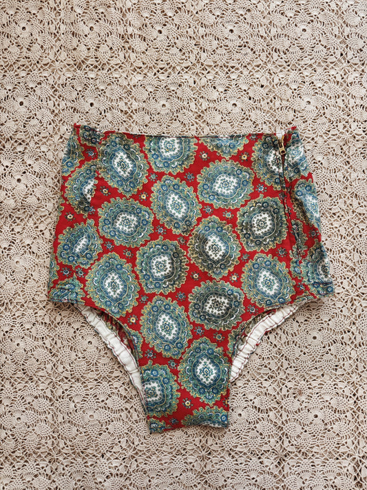 1940s French Red Paisley Cotton Sportswear Bottoms w/ Side Zipper- XS-S