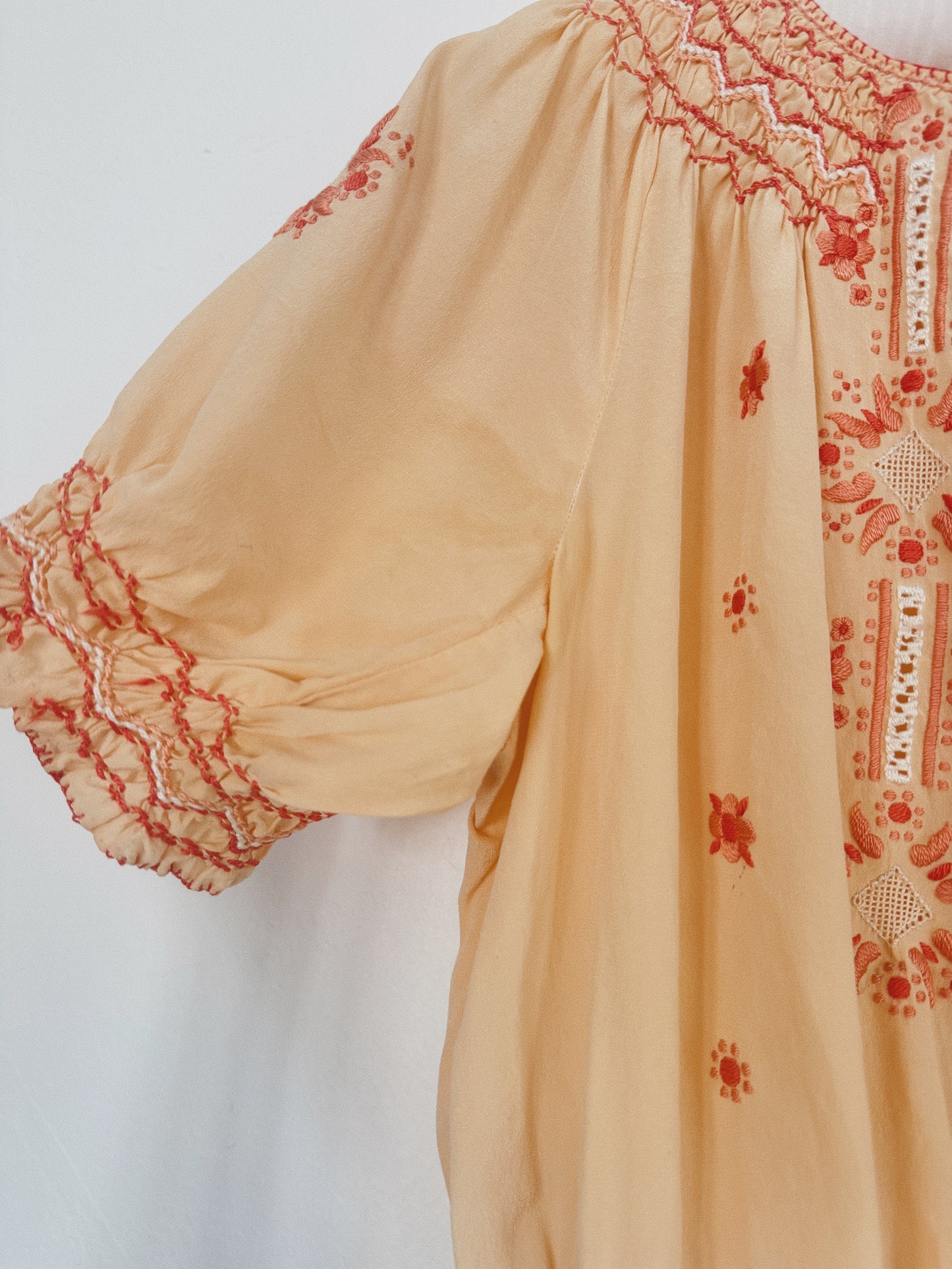 1930s Peach Silk Hungarian Peasant Blouse w/ Floral + Butterfly Embroidery- S/M