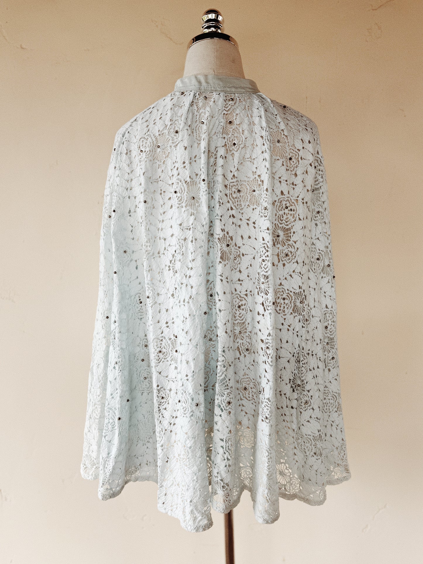 1930s Powder Blue Spider Web Lace Cape w/ Moiré Bow + Silver Ball Beads