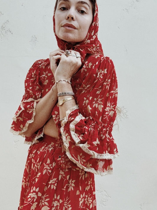 Antique Red Floral Bodice + Tiered Ruffle Skirt Ensemble- XS/S