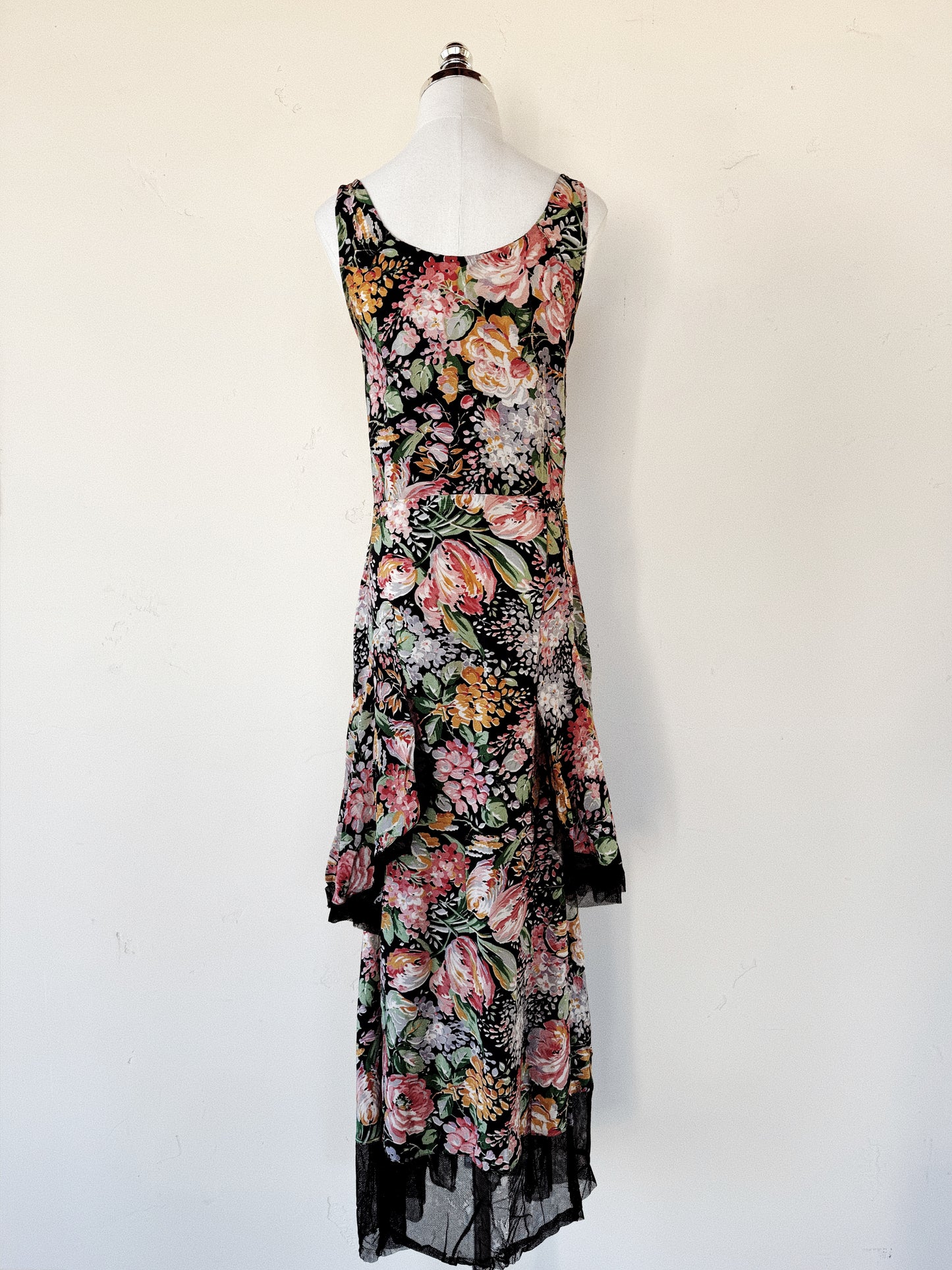 1930s Black Multicolor Floral Silk Gown w/ Mesh Trim- S/M
