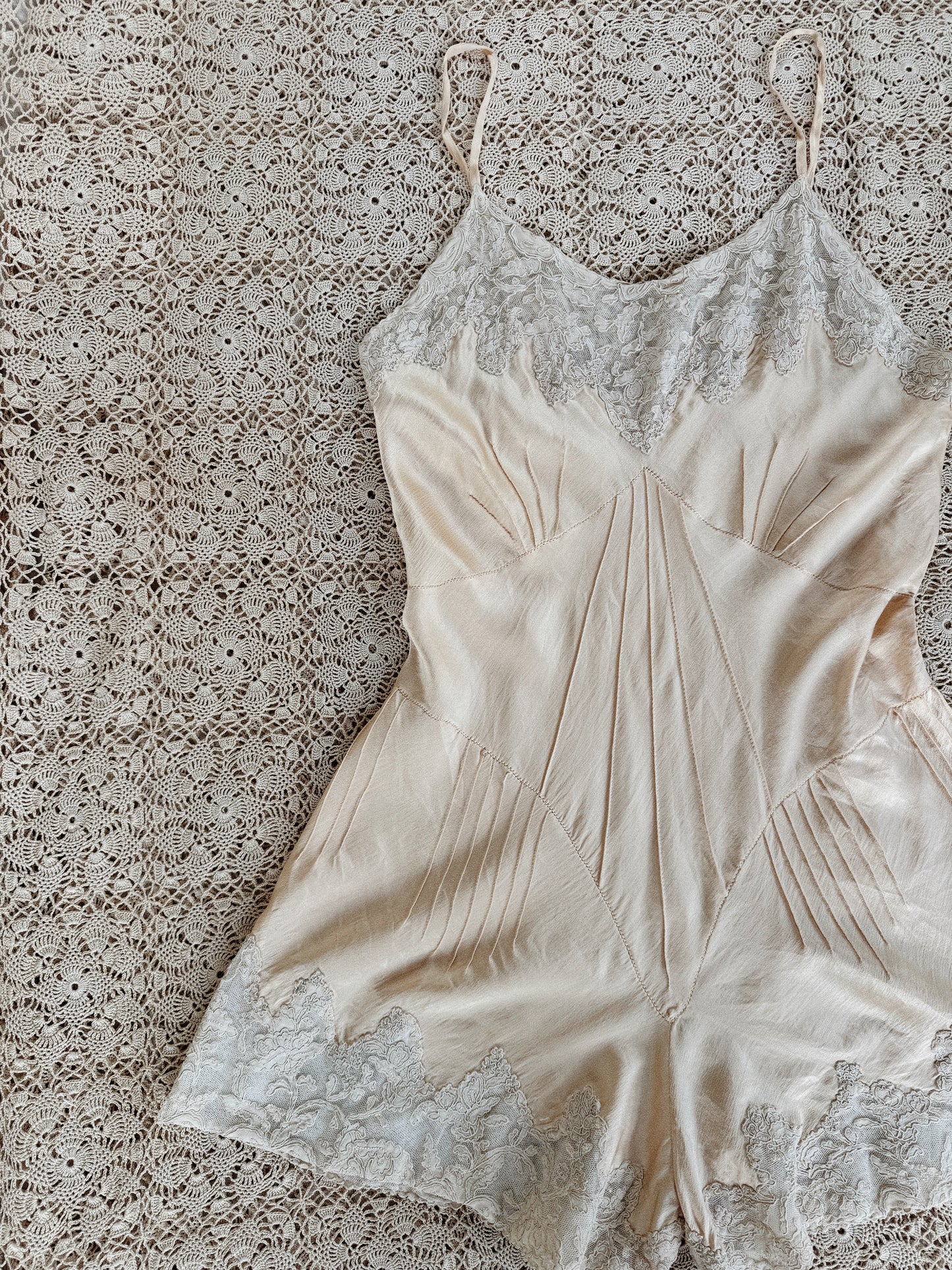 1930s Ivory Charmeuse Silk + French Lace Hand Sewn Step In- XS-S