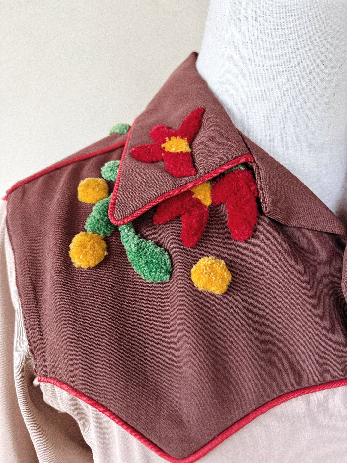 1940s/50s Gabardine Western Top w/ Chenille Floral Appliqué- S-S/M