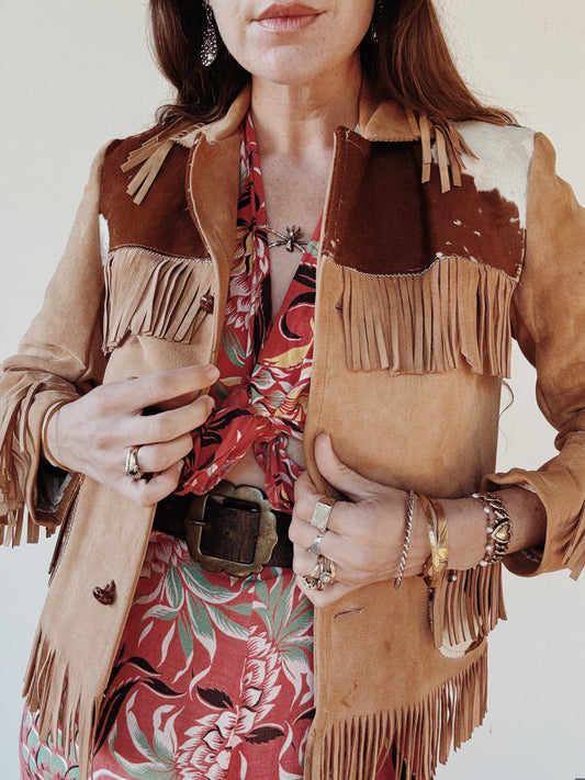 1950s Cowhide + Butter Suede Fringe Cowboy Jacket- S
