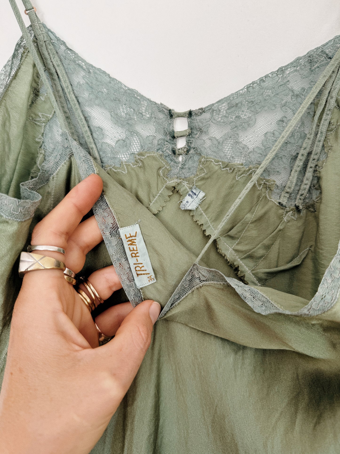 1940s Moss Green Silk Spaghetti Slip Dress w/ Lace Trim- S