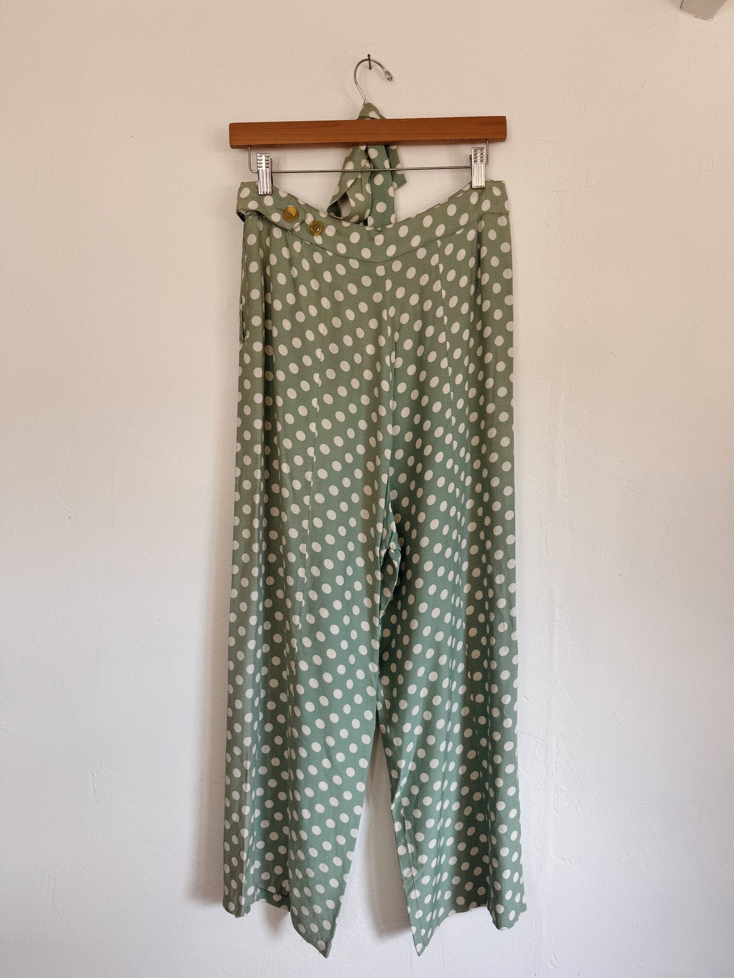 1940s Sea Foam Polka Dot Rayon Lounge Pants w/ Sash- M