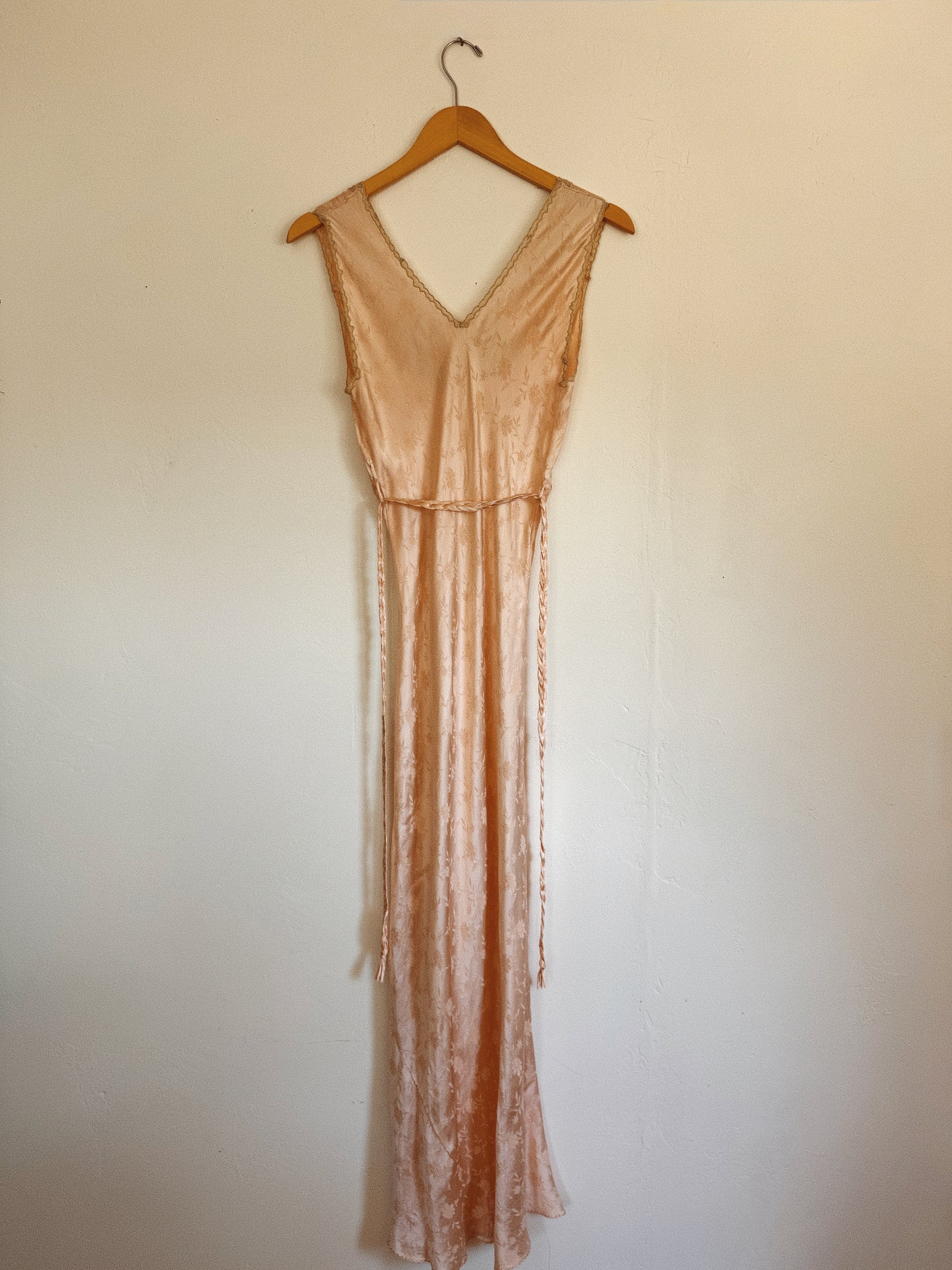 1930s Silk Floral Jacquard + Lace Slip Dress w/ Braided Sash- S-S/M