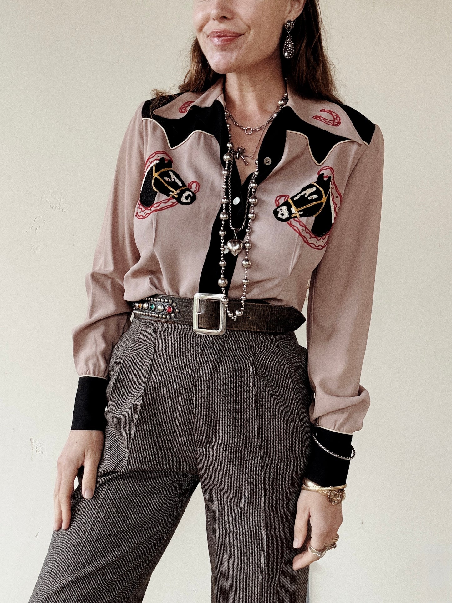 1940s Mauve + Black Horse Chain Stitched + Studded Top- S/M