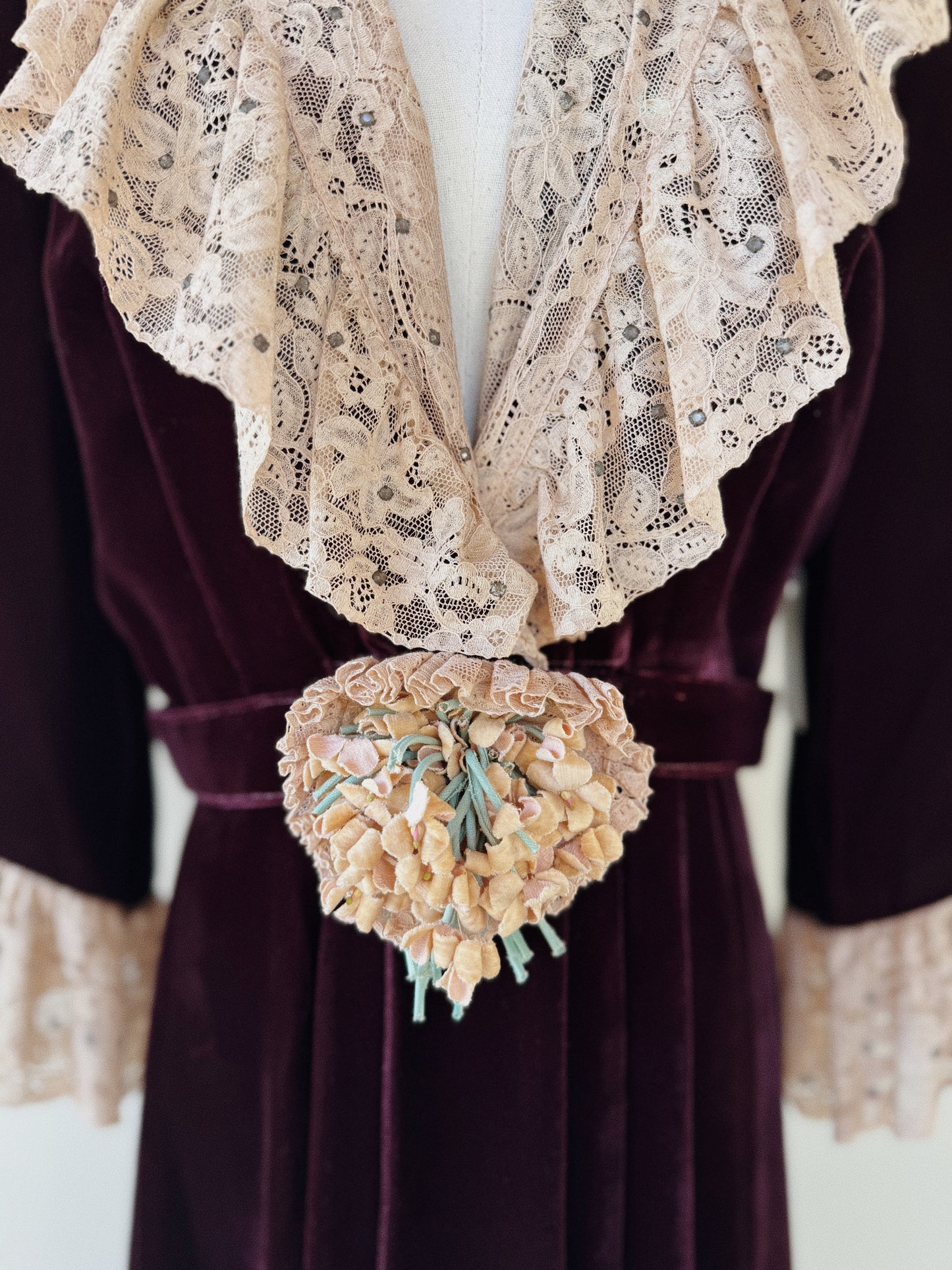1930s/40s Aubergine Velvet + French Lace Dress w/ Rhinestones- S/M