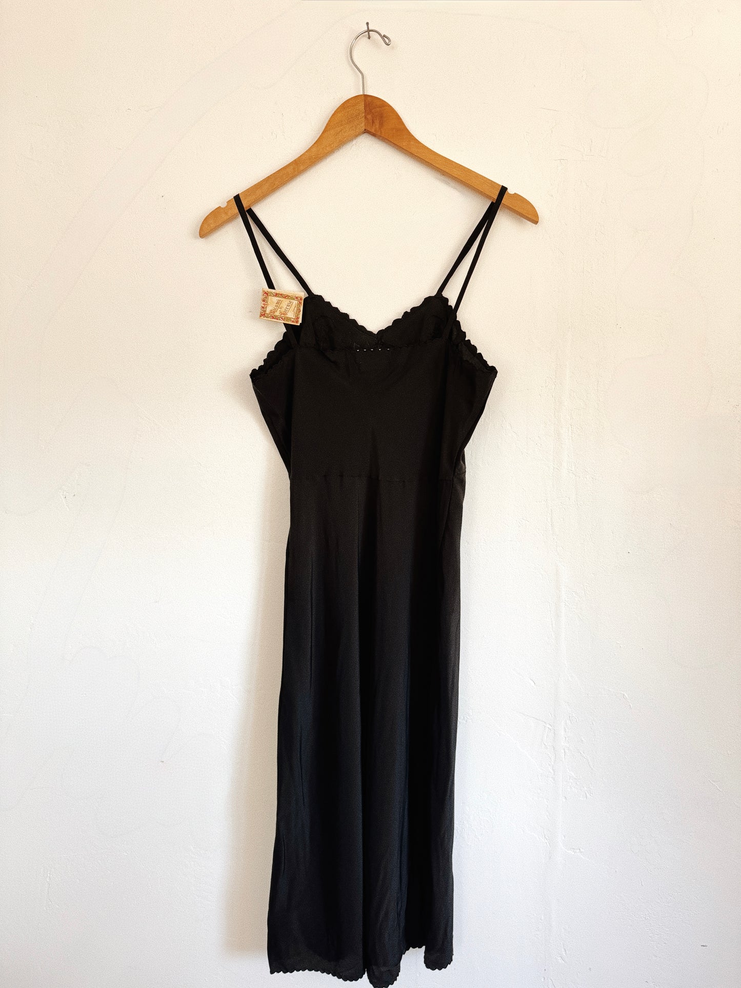 1930s/40s Italian Black Silk Slip Dress w/ Floral Embroidery- S-S/M