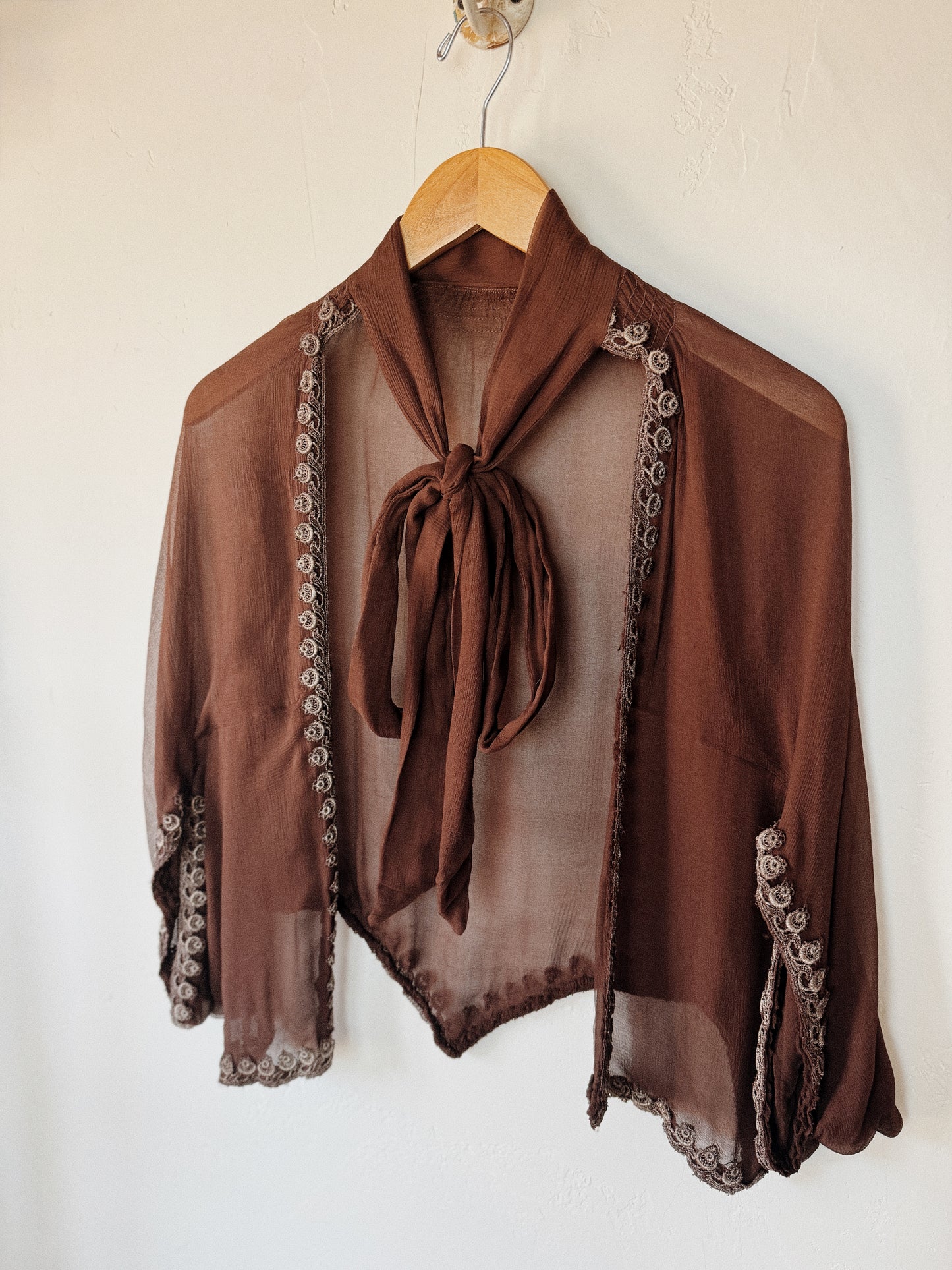 1930s Mocha Crinkle Silk Chiffon Shrug Jacket- S-L