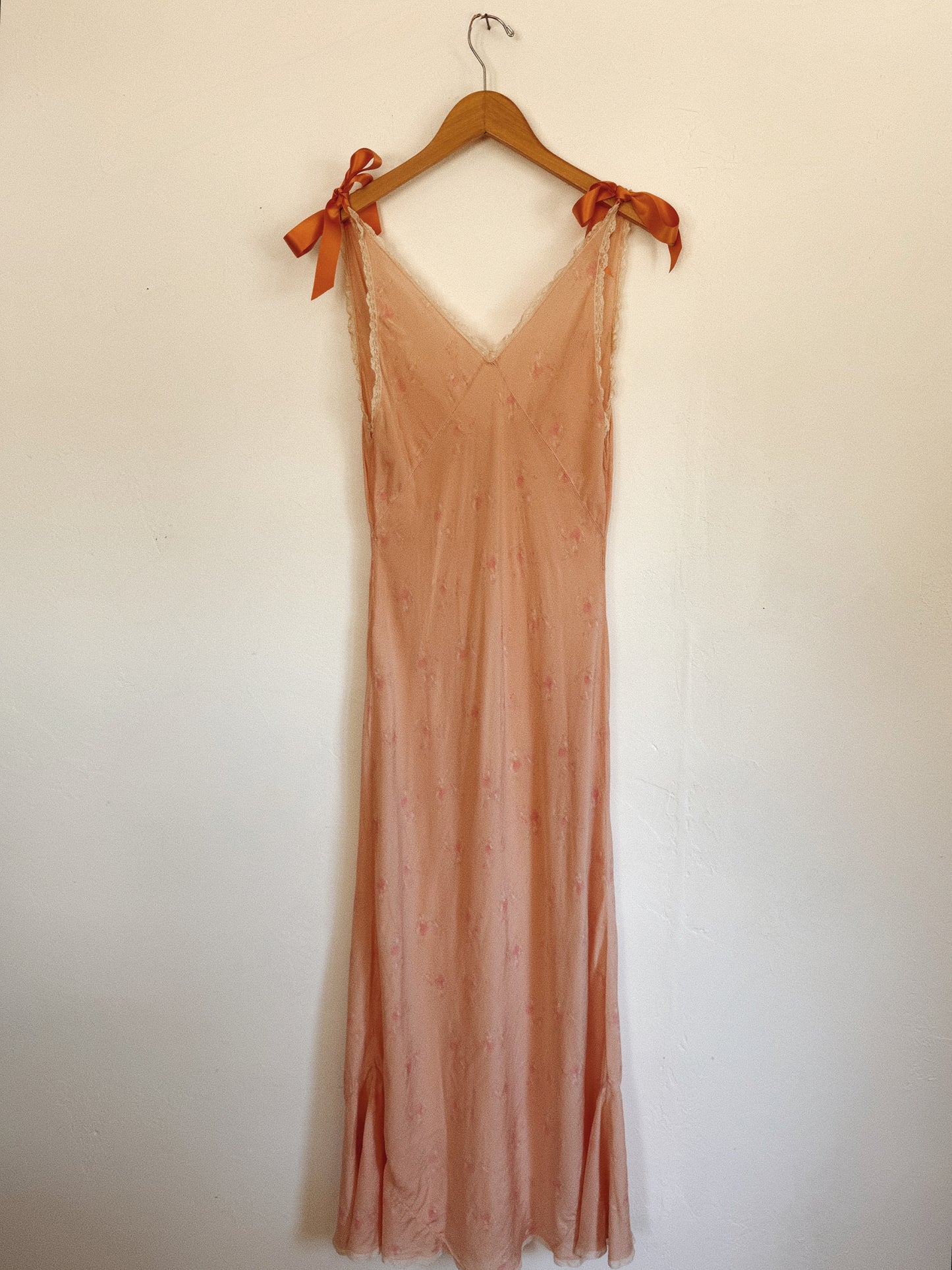 1930s Pink Floral Silk Slip Dress w/ Salmon Bow Straps- S/M-M