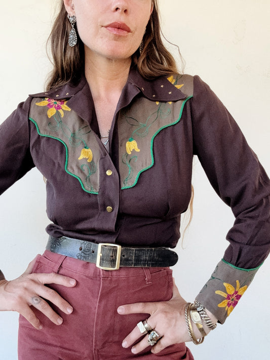 1940s Brown Gabardine Western Top w/ Chain Stitching + Star Studs- S/M