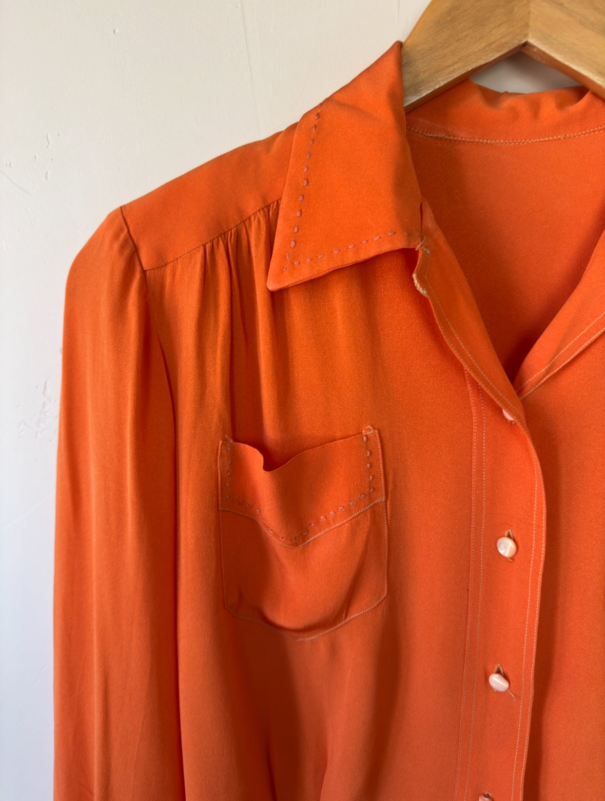 1940s Orange Sorbet Silk Crepe Blouse w/ Monochrome Stitching- S/M