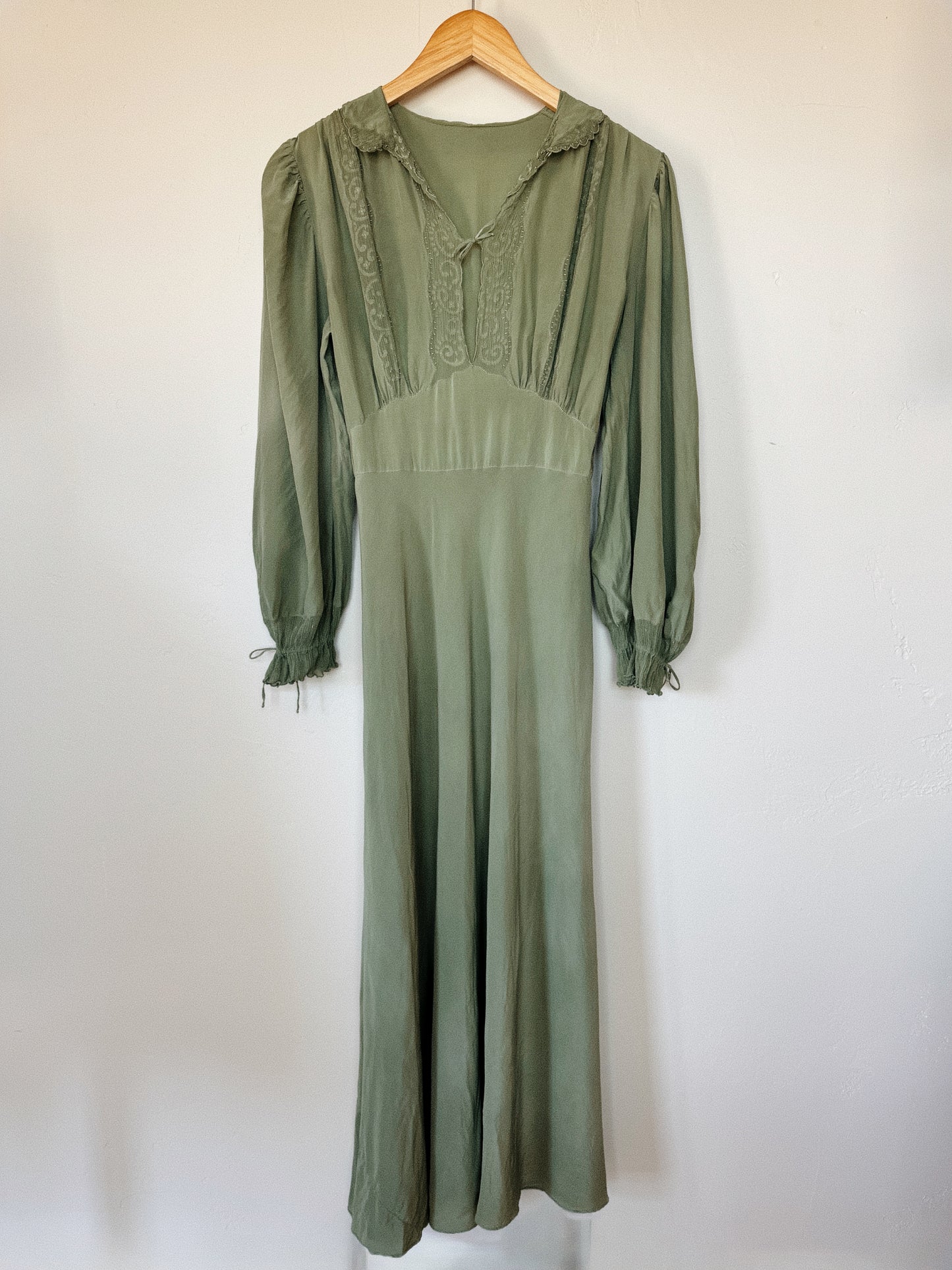 1930s Juniper Green Embroidered Silk Gown w/ Crinkle Chiffon Inserts- S-S/M