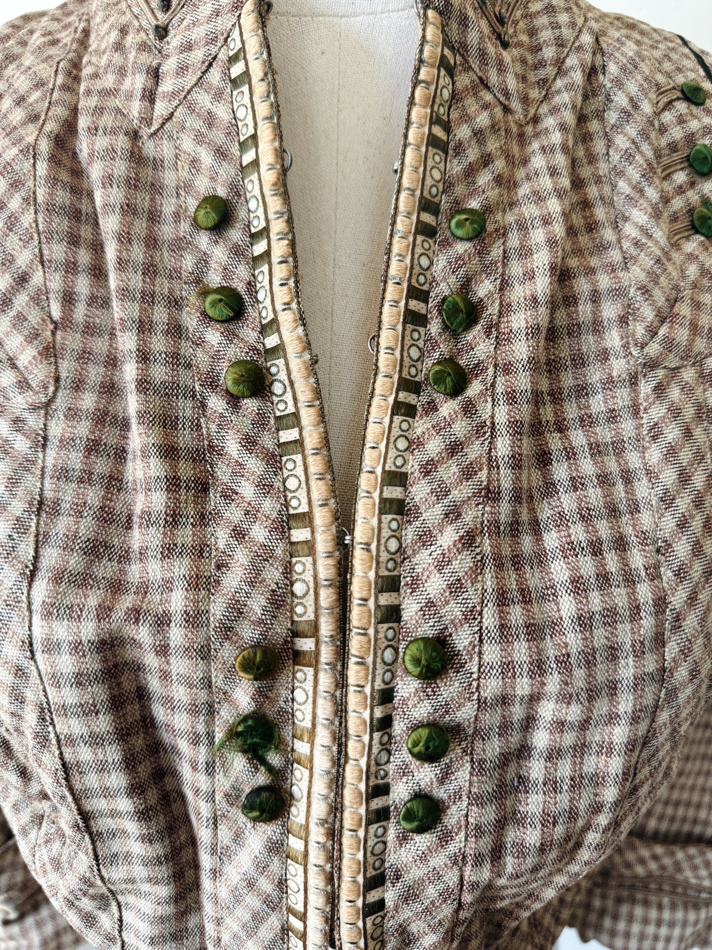 Victorian Gingham Balloon Sleeve Bodice w/ Emerald Silk Buttons- S-S/M