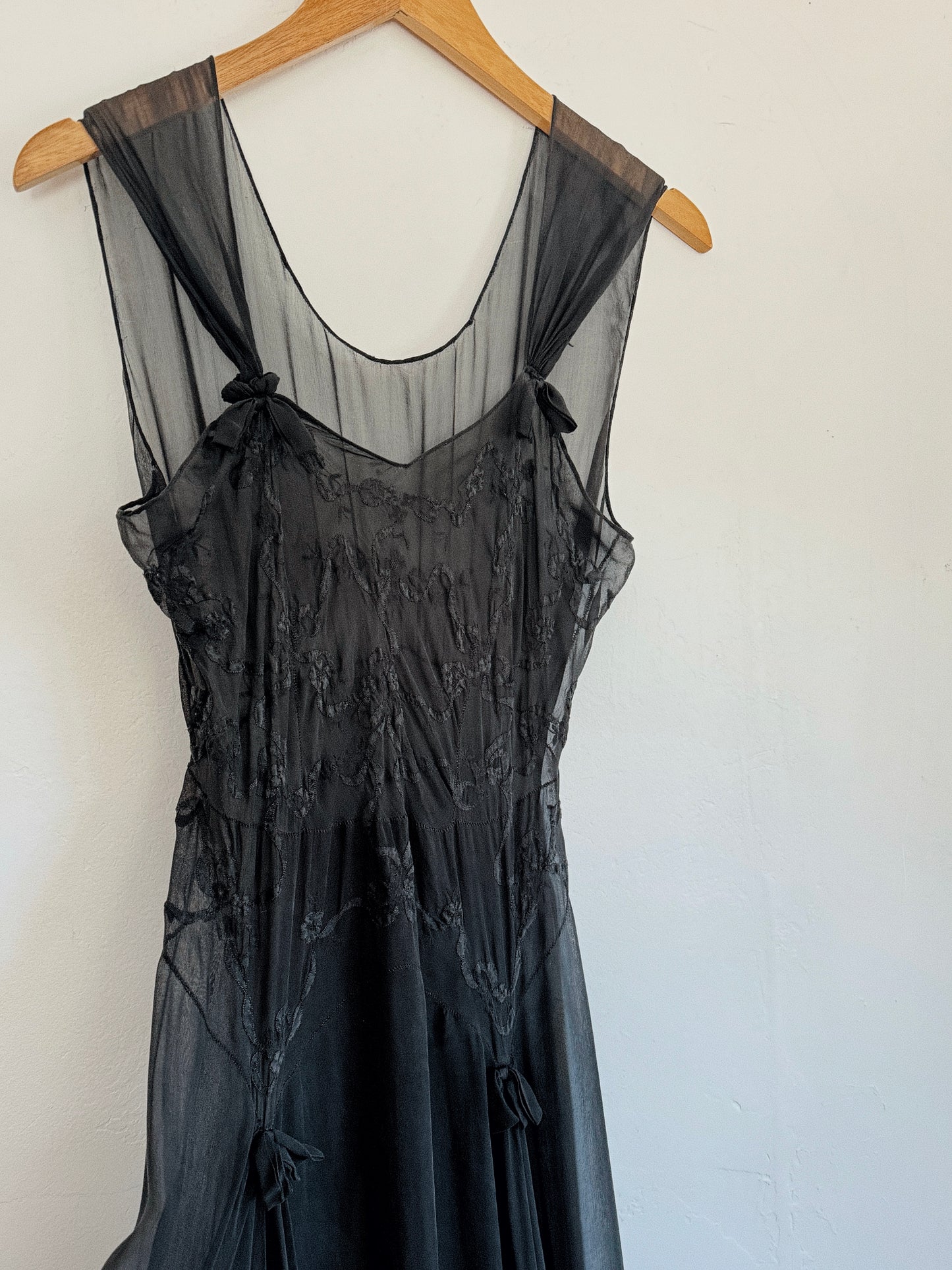 1930s Black Silk Chiffon Slip Dress w/ Floral Appliqué- S/M-M