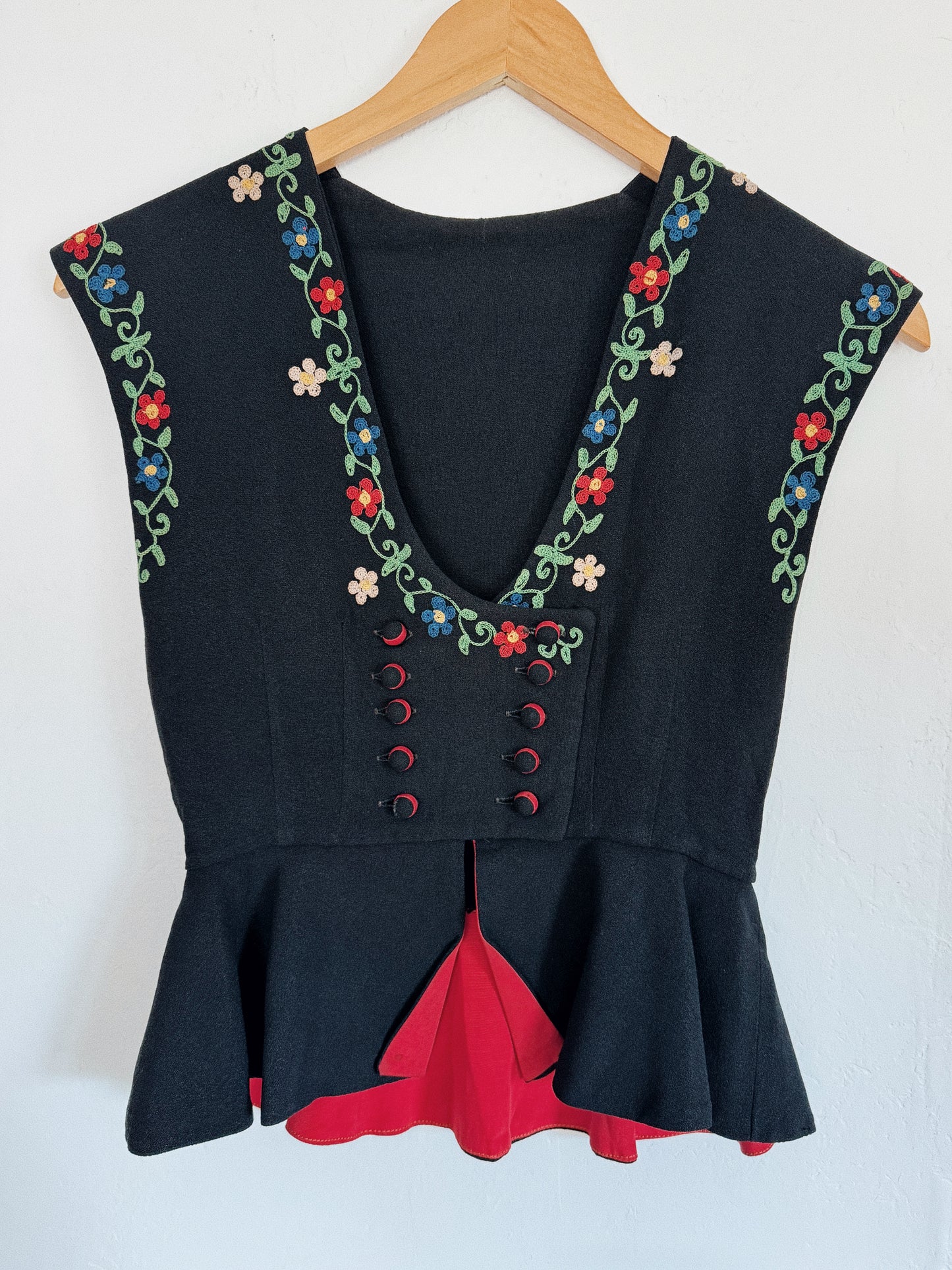 1940s Bavarian Floral Chain Stitched Peplum Top- XS
