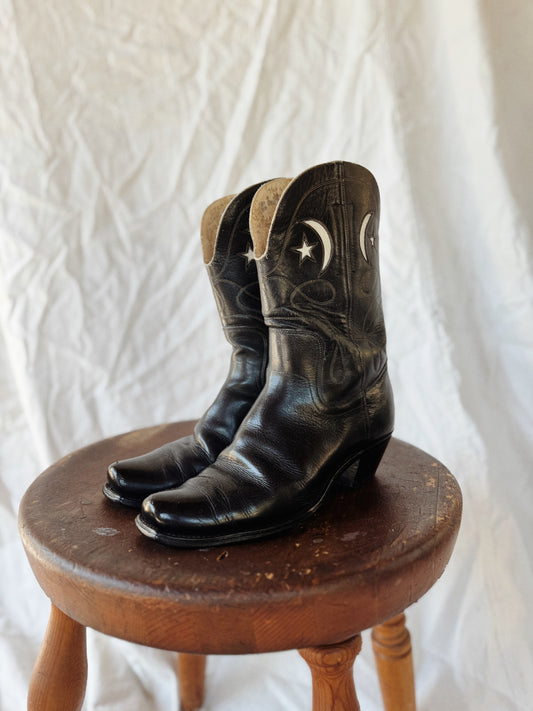 1940s/50s Black Pee Wee Cowboy Boots w/ Crescent Moon + Star Inlay- 9/9.5