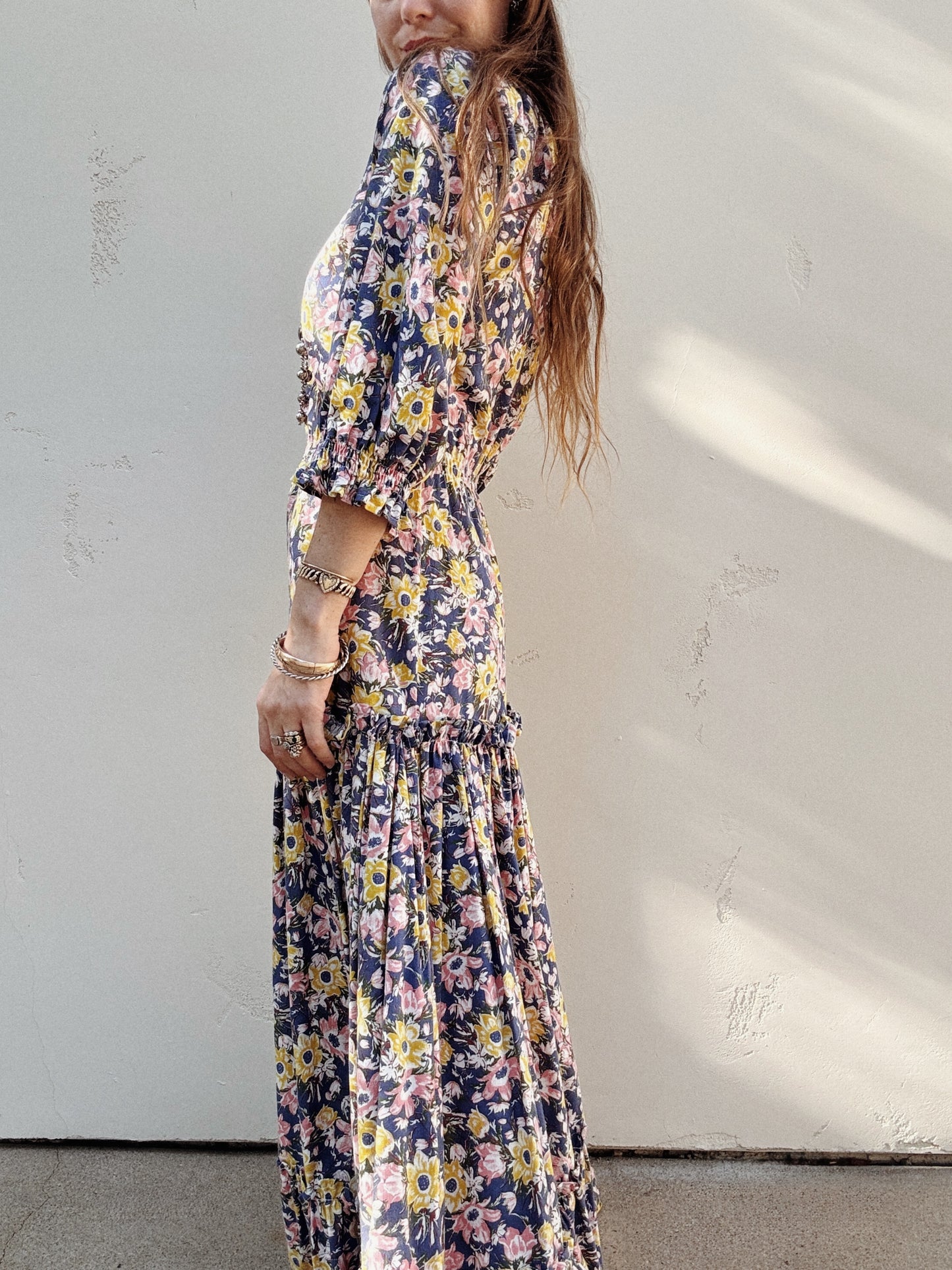 1970s Laura Ashley Rustic Blue Cotton Floral Dress- M/L