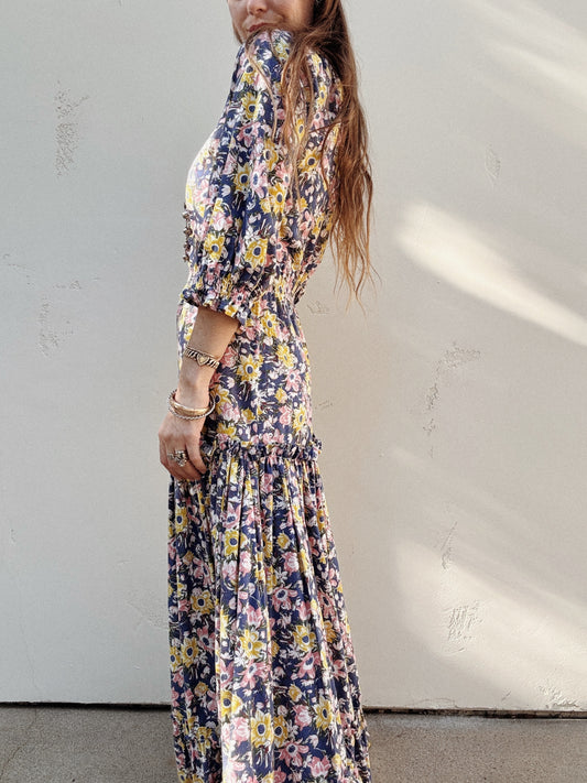 1970s Laura Ashley Rustic Blue Cotton Floral Dress- M-L