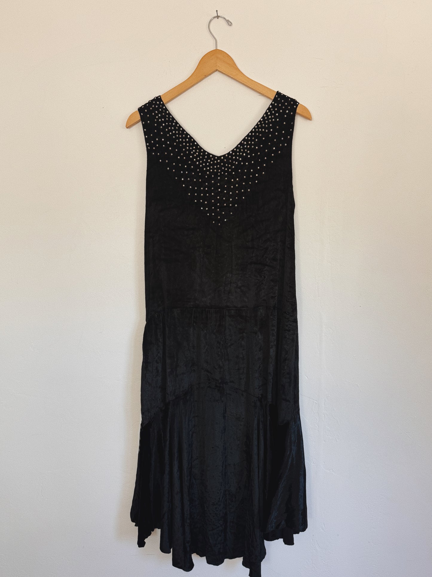 1920s Midnight Black Crushed Silk Velvet Diamenté Dress- S/M
