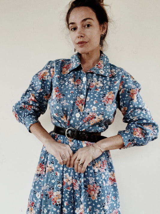1930s/40s Blue Cotton Floral Maxi Feedsack Dress- M/L