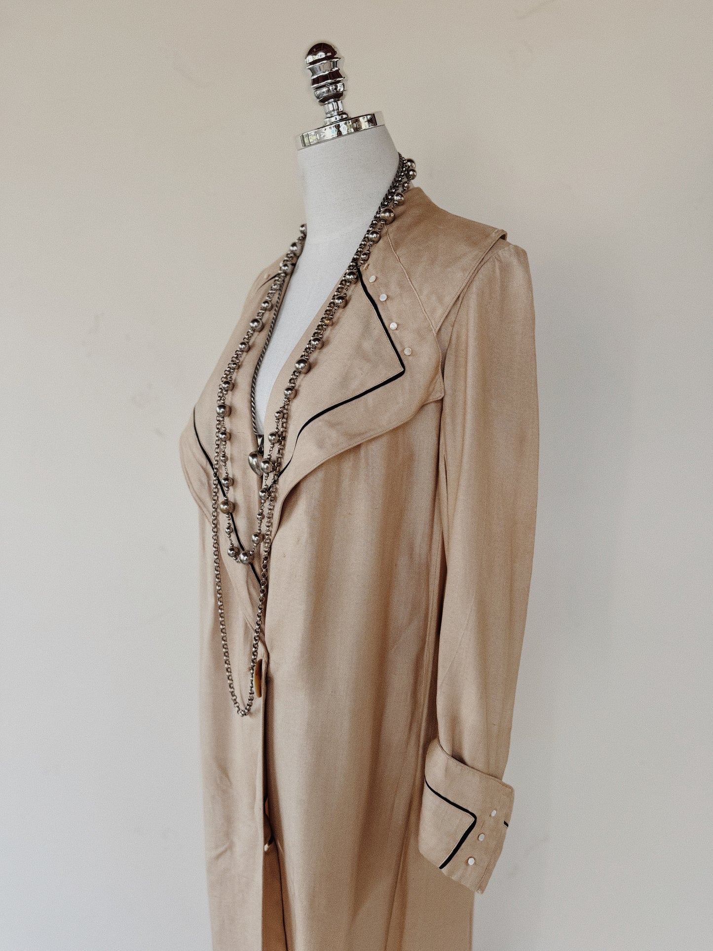 1910s Edwardian Silk Moto Duster w/ Black Cord Trim + Mother of Pearl Buttons- S/M