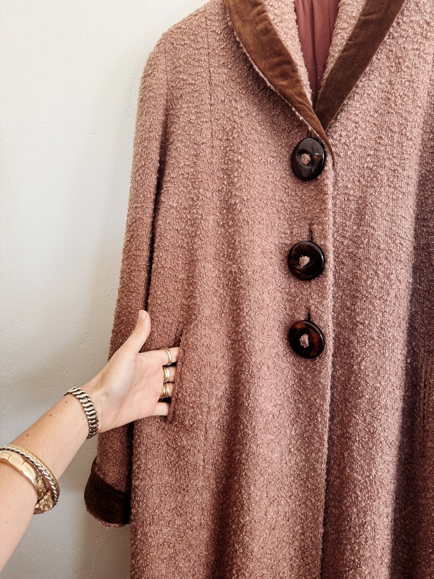 1940s/50s Mocha Bouclé Knit Coat w/ Oversized Buttons- S/M-M