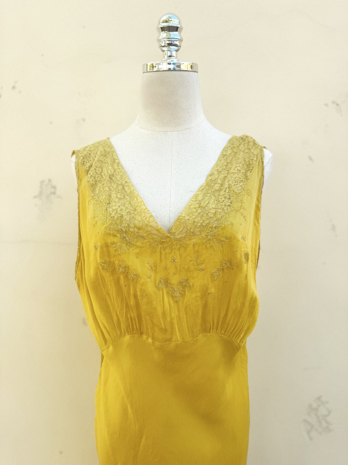 1930s Electric Mustard Silk Slip Dress w/ Floral Lace Inserts- M