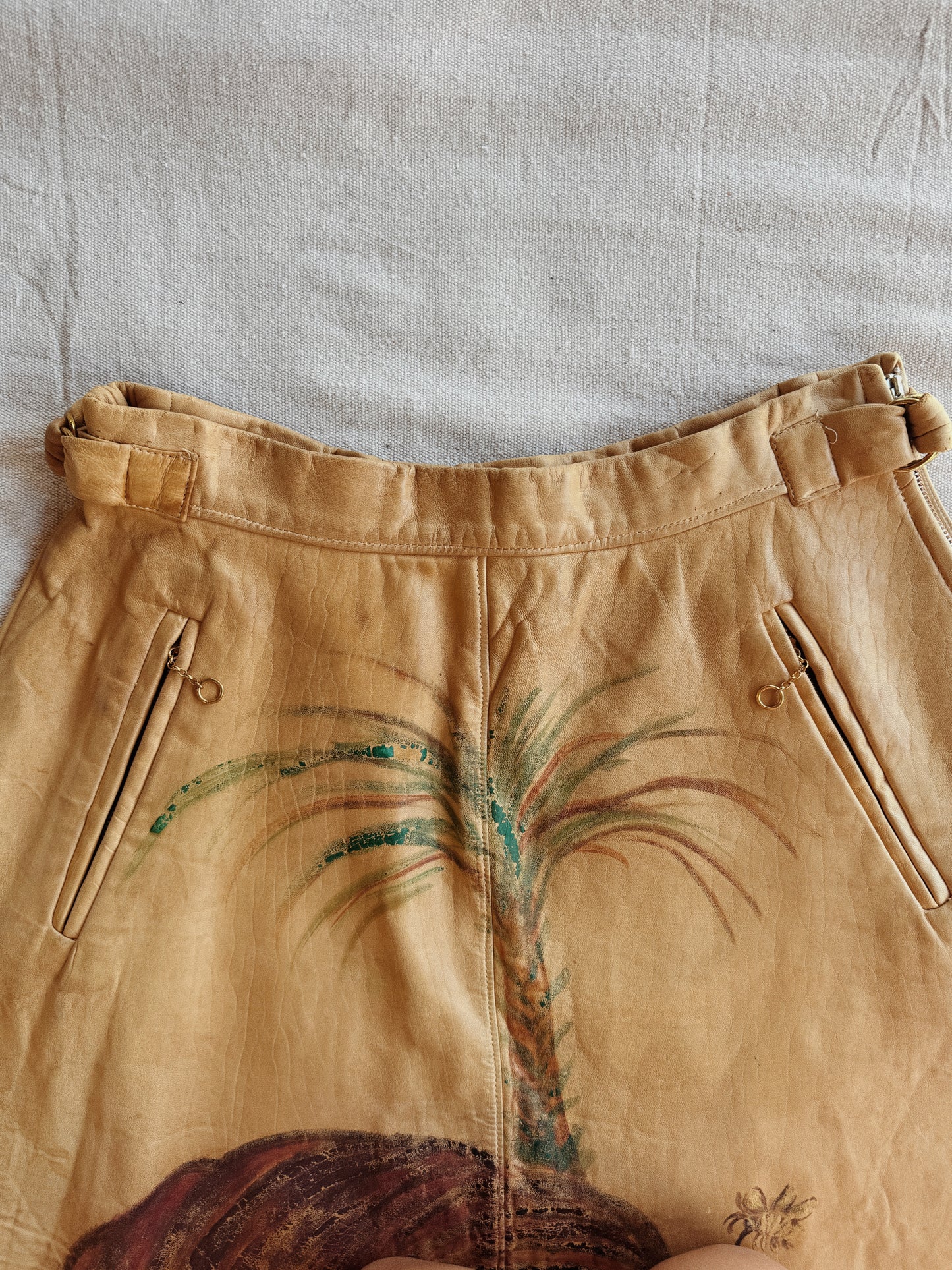 1930s/40s Hand Painted Buckskin Leather Western Skirt w/ Chain Zips + Side Cinches- M-M/L