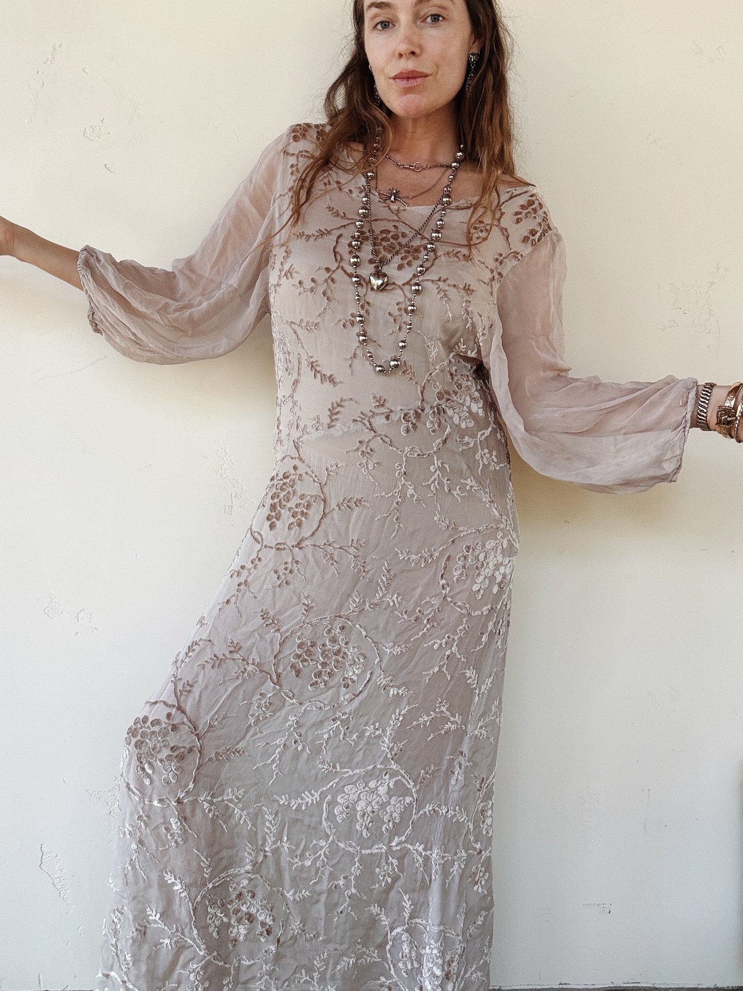 1920s Champagne Grape Silk Chiffon Devoré Velvet Goddess Gown- S/M-M