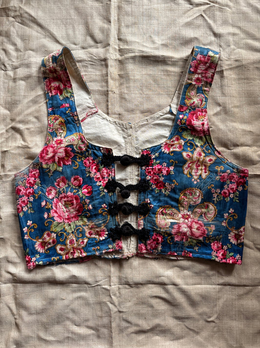 Antique Eastern European Silk Rose Folk Bodice Vest- S/M