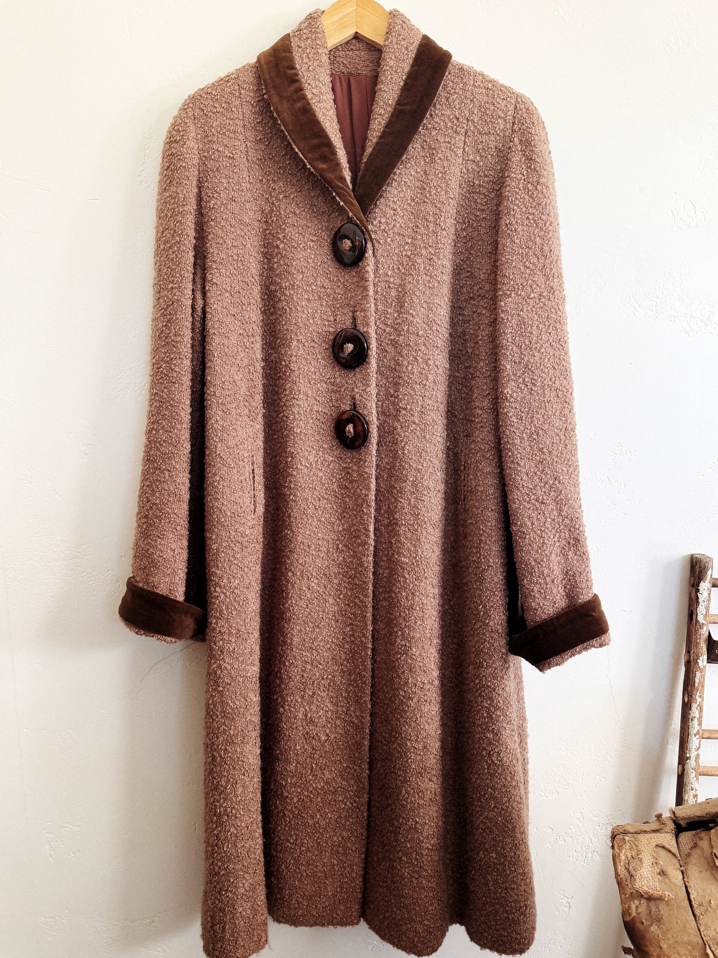 1940s/50s Mocha Bouclé Knit Coat w/ Oversized Buttons- S/M-M