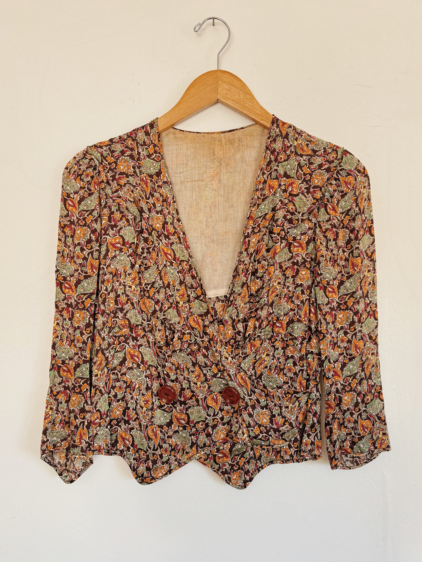 1930s Paisley Rayon Charmeuse Cropped Blouse- S-S/M