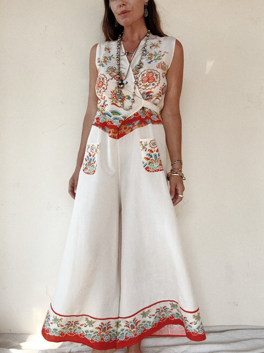 1930s Rare White Pongee Silk Beach Pajama Jumpsuit- M