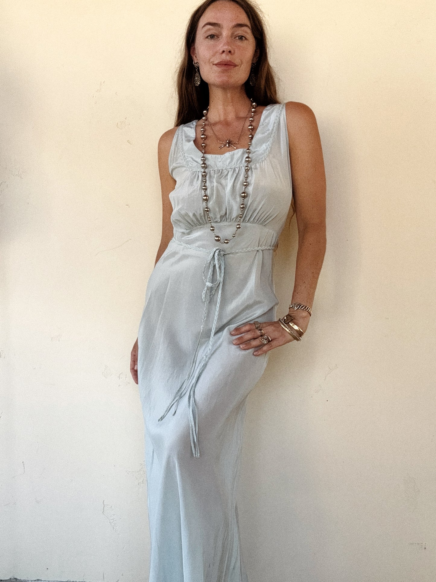 1940s Icy Blue Silk Crepe Slip w/ Braided Trim + Sash- S/M-M
