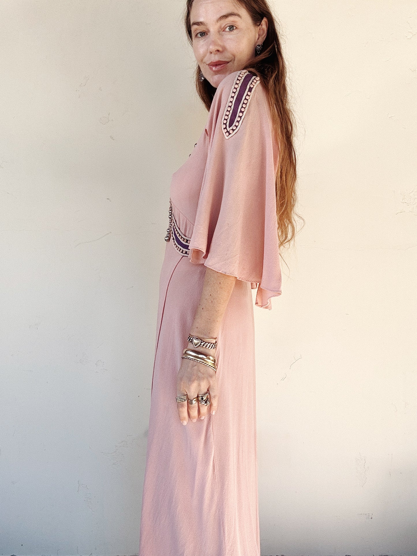 1930s Raspberry + Grape Sherbet Crepe Wrap Dress w/ Studs + Angel Sleeves- S/M